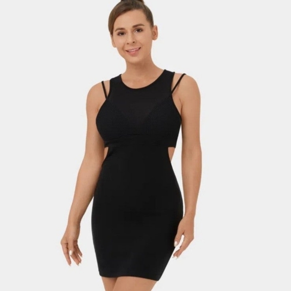 Halara Round Neck Contrast Mesh Backless Racerback Cut Out Bodycon Mini Casual D - Picture 3 of 7